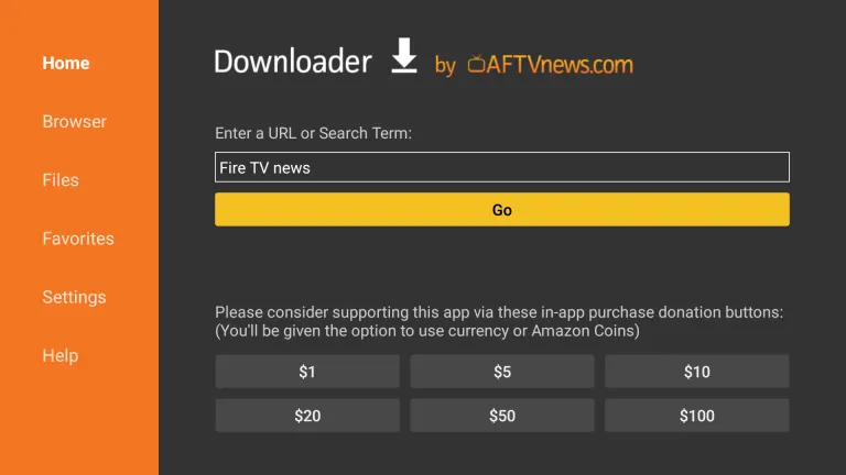 Pantalla principal de la aplicación Downloader