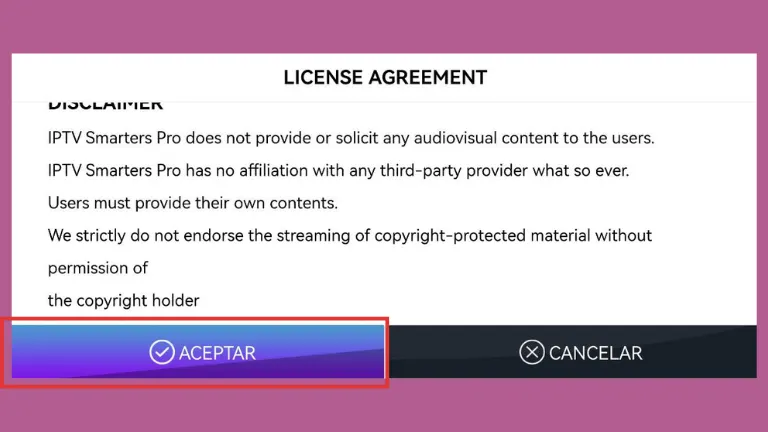 Pantalla del acuerdo de licencia con el botón Aceptar