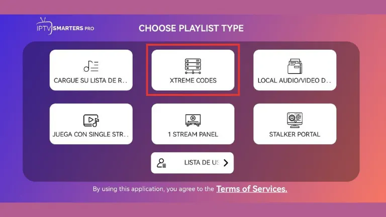 Pantalla para seleccionar el acceso mediante Xtream Codes