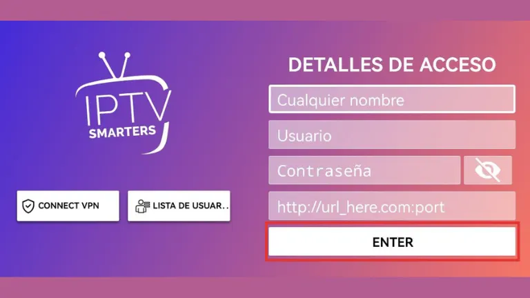 Formulario de acceso con nombre, usuario, contraseña y URL