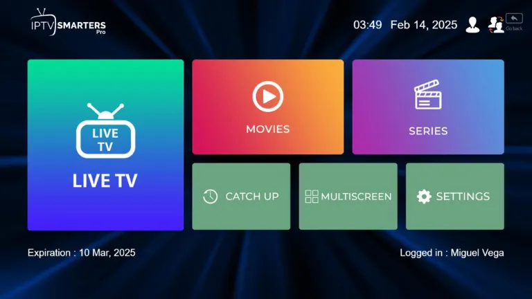 Pantalla principal con accesos a canales, películas y series